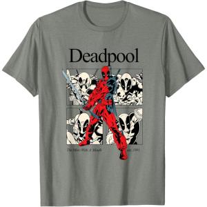 imageMarvel Comics Deadpool Retro Comic Shout TShirtOlive Heather