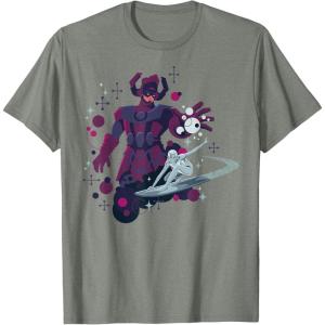 imageMarvel Silver Surfer and Galactus Retro Sixties Stylized TShirtOlive Heather