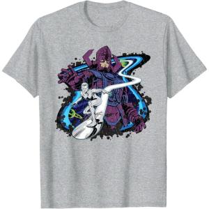 imageMarvel Silver Surfer and Galactus Retro Vintage Comic Style TShirtHeather Grey