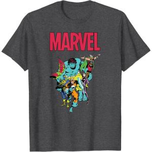 imageMarvel SpiderMan and Avengers Retro Silver Age Super Heroes TShirtDark Heather Grey