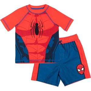 imageMarvel Raglan Rash Guard and Swim Trunks UPF 50 Outfit Set Toddler to Big Kid Sizes 2T  1820Spiderman  Red  Blue